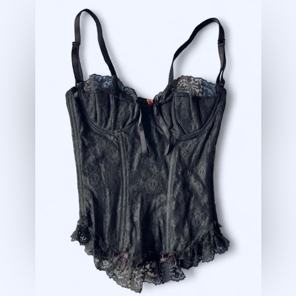 Vintage 90s La Vie En Rose Corset Black Lace Floral Bow Bustier Lingerie 36B - Picture 1 of 11